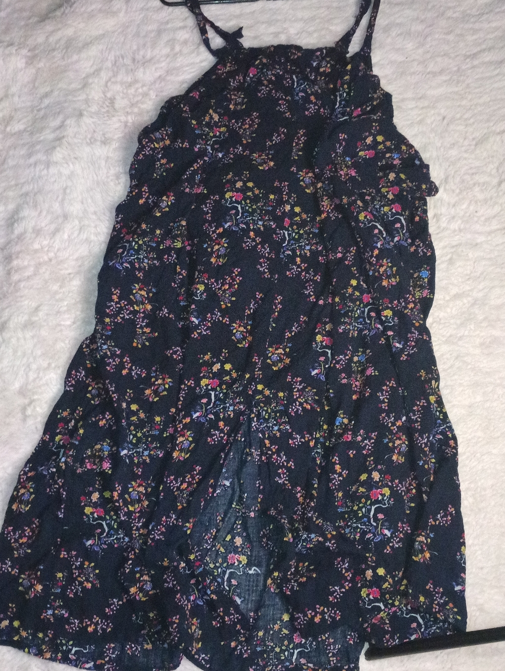 Floral Navy Blue Multi Color Flower Overall Dress Sz L